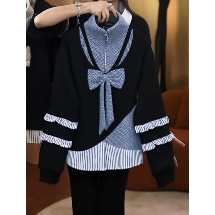 小香风大蝴蝶结拼接半拉链加绒卫衣女2025冬新款时尚显瘦减龄上衣