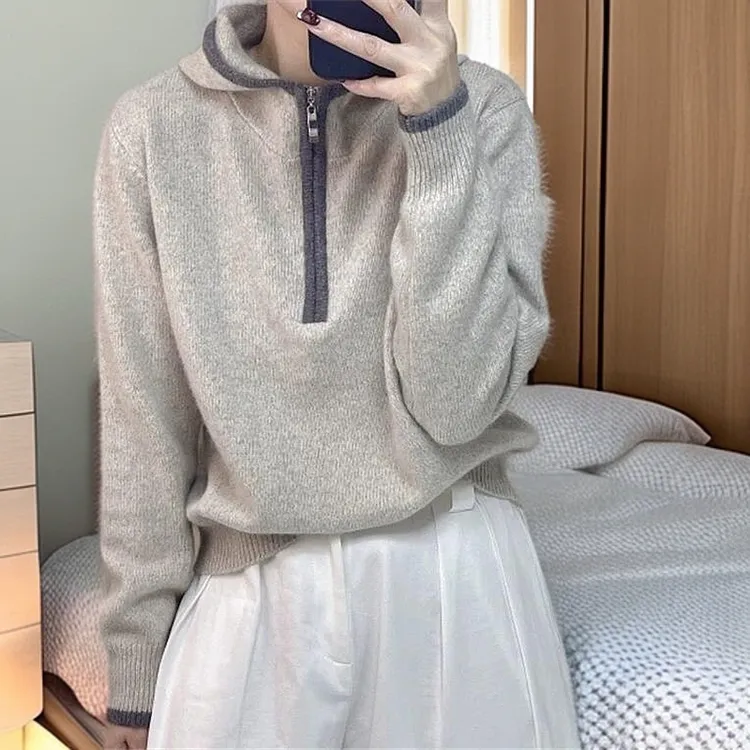 简约氛围感半拉链燕麦色毛衣女2024冬季新款宽松百搭休闲保暖帽衫