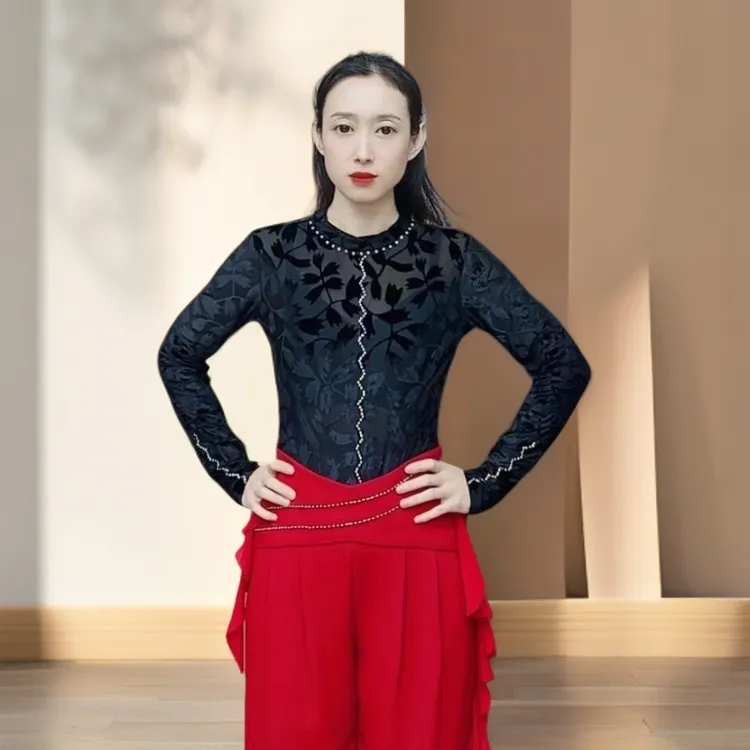 欢舞阁吉特巴摩登舞气质女士烫钻交际舞广场舞连裆长袖舞衣A0625