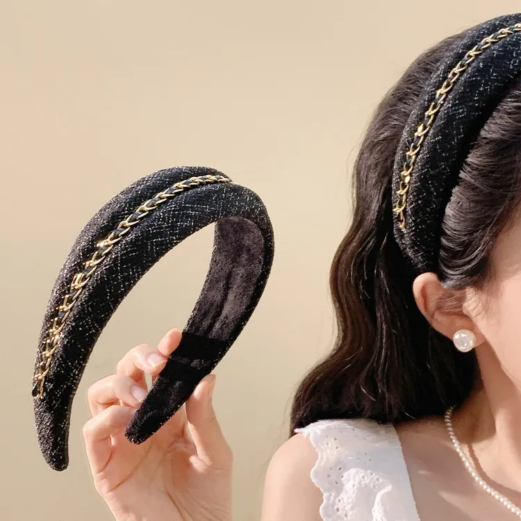 小香风黑色链条毛呢宽边发箍女高颅顶压发洗脸头箍气质发卡头饰