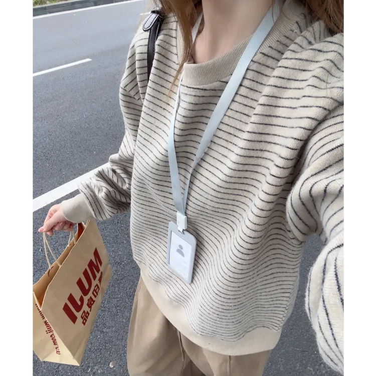 2025秋冬新款圆领条纹卫衣女韩系百搭套头上衣宽松显瘦氛围感慵懒