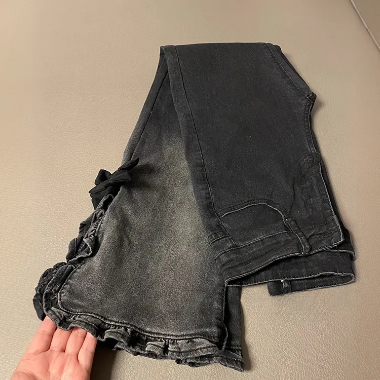 复古蝴蝶开叉微喇叭马蹄渐变色牛仔裤女春季高腰修身拖地阔腿裤子