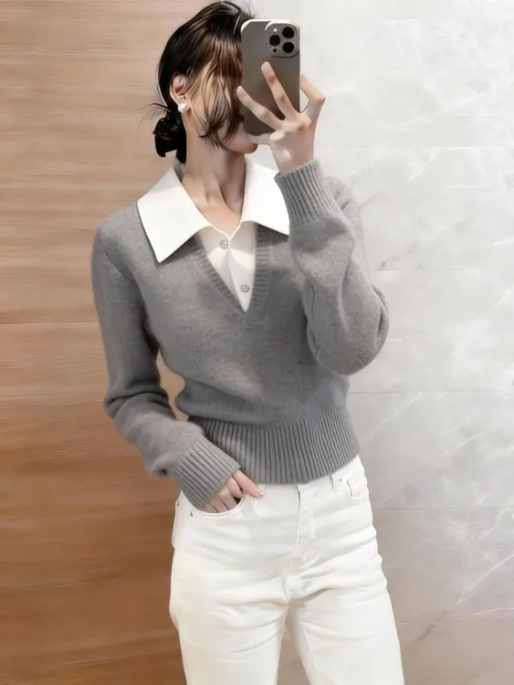 慵懒风韩版假两件翻领针织衫女2025秋冬新款软糯内搭时尚显瘦毛衣