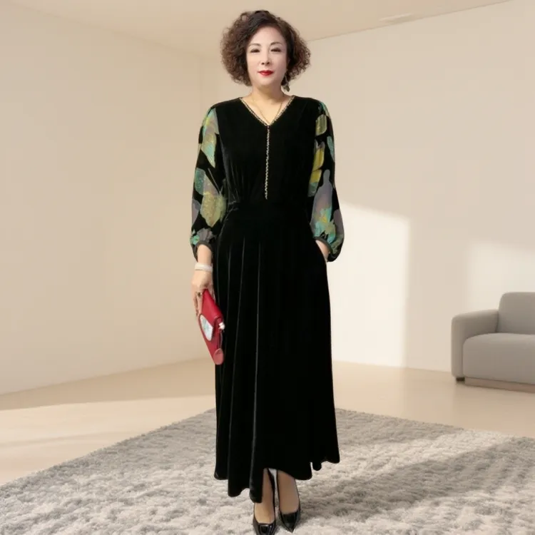 90100长袖真丝绒拼接高端连衣裙秋冬妈妈装阔太太长款打底长裙