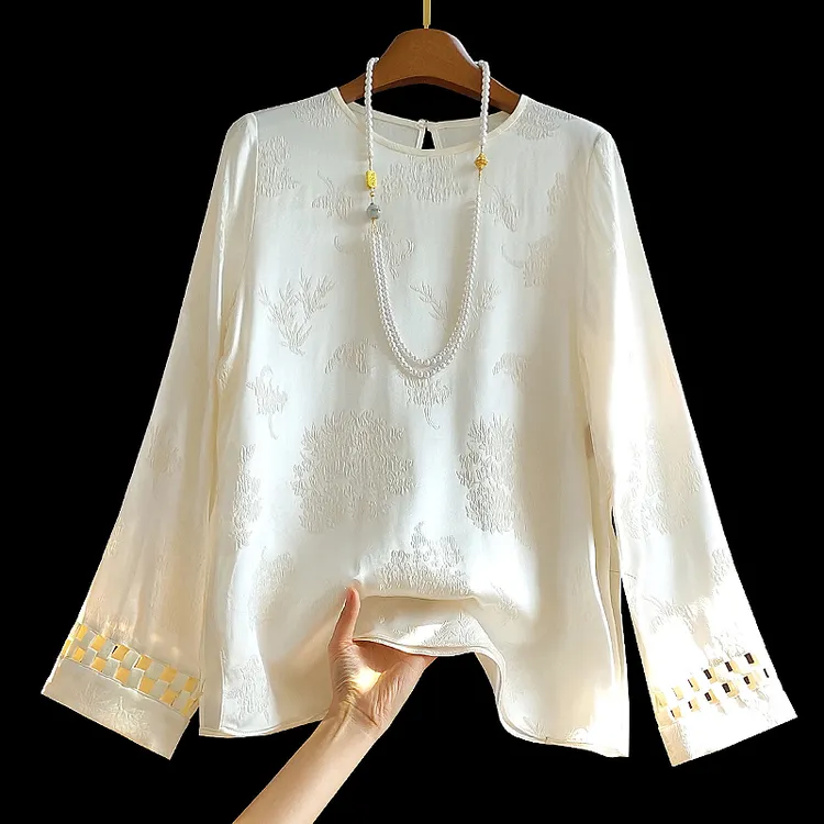 白色气质圆领真丝提花长袖衬衫女