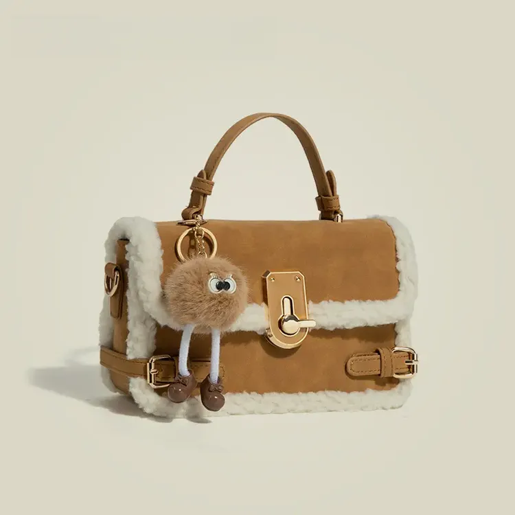 新款秋冬高级感小方包毛绒棕色气质百搭斜挎包通勤送女友冬季包包