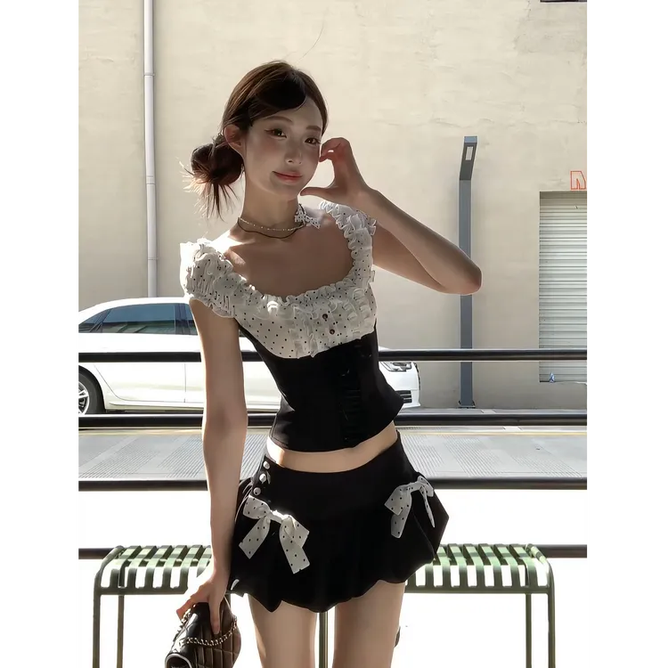 纯欲甜辣风古早黑色波点上衣女裤裙性感夏季收腰短款两件套装