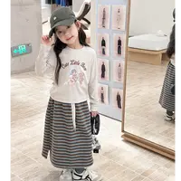 【小梨涡】秋季儿童中长款条纹裙女童裙子韩版侧开叉半身裙25G108