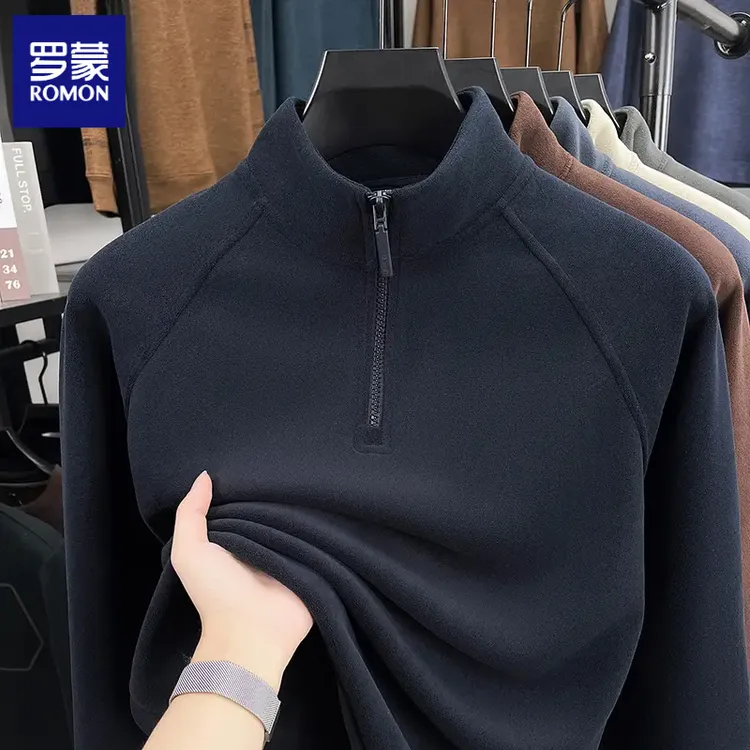 罗蒙秋冬新款奥粒绒卫衣中年男士含羊毛t恤半拉链内搭保暖打底衫