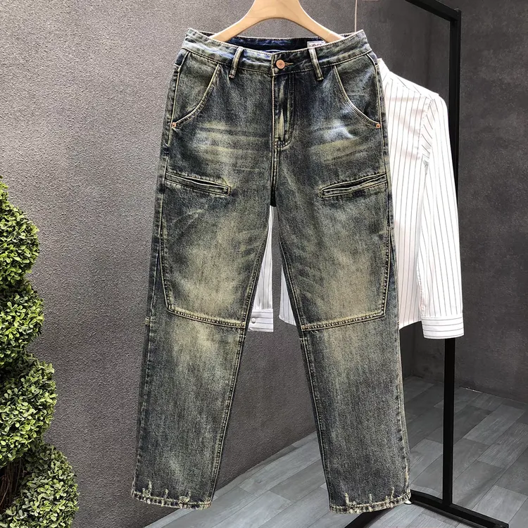 工装美式复古黄泥染牛仔裤男士男款春秋季新款痞帅炸街修身直筒裤