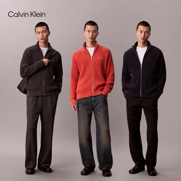 CK Jeans25秋季新款男士休闲通勤肌理感纯棉立领针织开衫