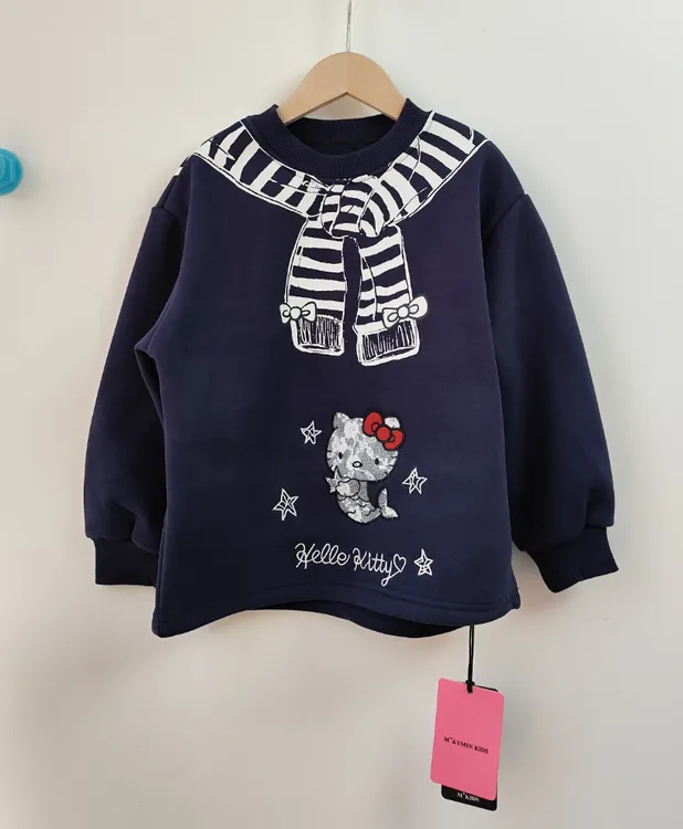 2025冬季新款女童韩版卡通KT刺绣蕾丝加绒纯色藏蓝色卫衣海军风