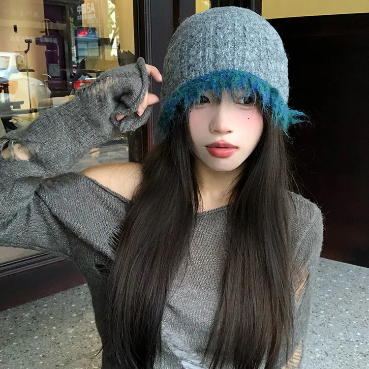 毛绒边针织毛线帽子女士秋冬季新款韩系ins氛围感保暖防风冷帽女 