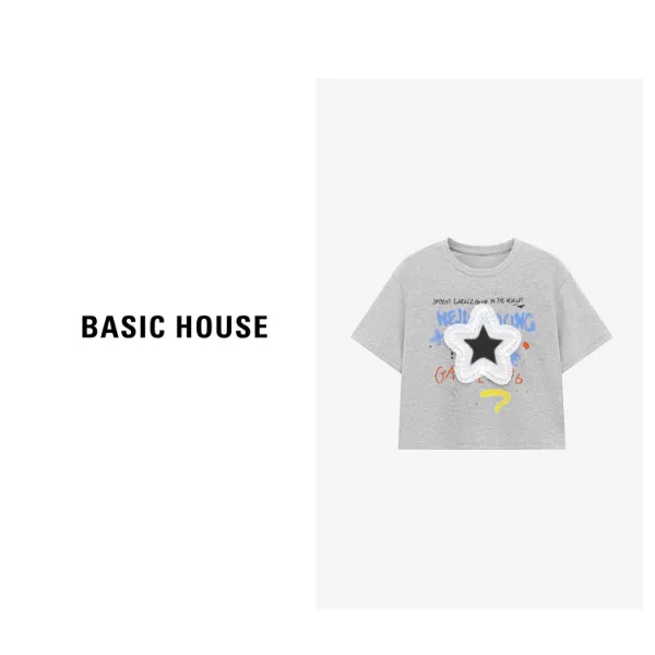 Basic House/百家好夏季时尚百搭花朵提花时尚T恤-B0625B5DNS2