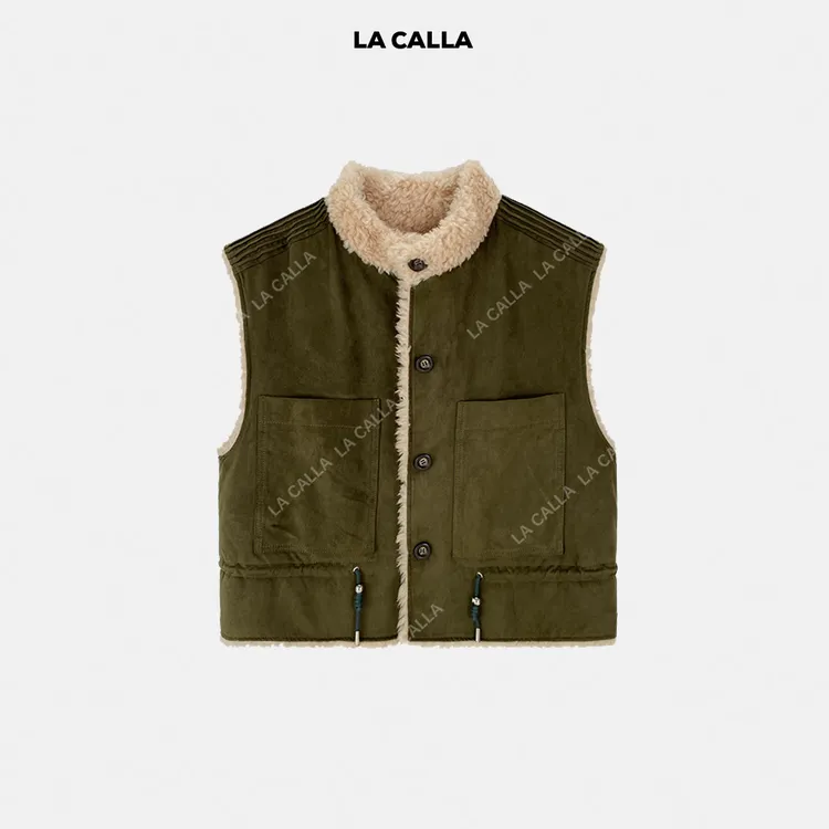 LA CALLA 100绵羊毛中古毛领皮毛一体皮草口袋抽绳马甲WD25W18