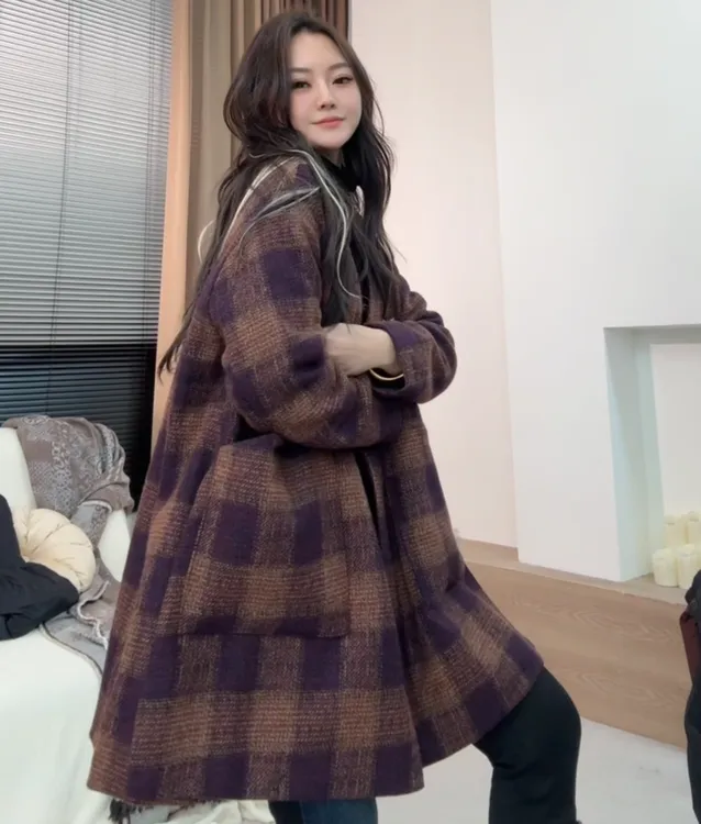 museguhui/木色古汇2288#大格休闲气质百搭时尚V领设计感毛呢外套