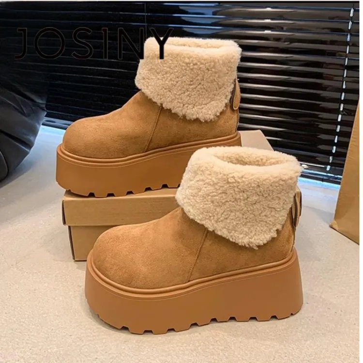 卓诗尼2025新款翻毛口厚底增高雪地靴芒果头短筒气质加厚棉靴女