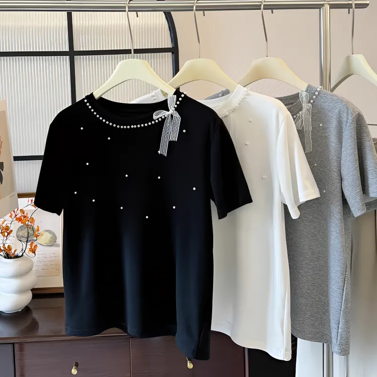 【钉珠蕾丝】手工珠子蝴蝶结减龄短袖t恤正肩打底衫女夏季新款上衣