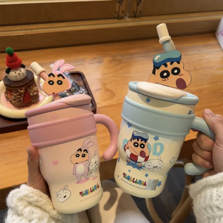 蜡笔小新保温杯高颜值可爱吸管杯子学生上学户外保冷杯大容量女生