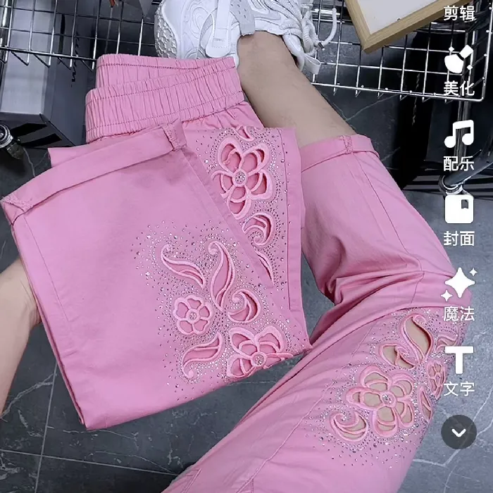 8717#重工镂空刺绣烫钻松紧腰微垮裤