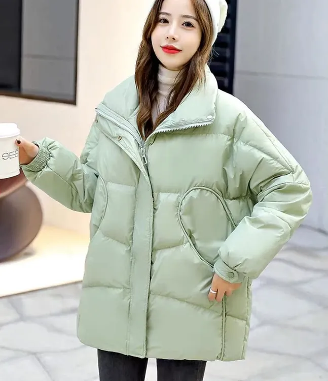 新款小猫绣花面包服宽松大码加厚时尚立领白鸭绒羽绒服女外套绿色