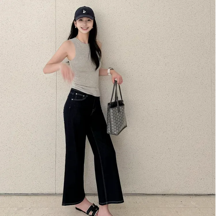 纯欲辣妹灰色工字背心女夏季法式设计感上衣高腰显瘦直筒阔腿裤子