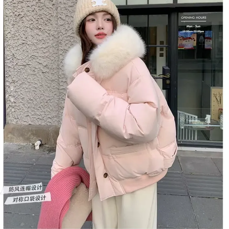 现货大毛领显瘦宽松连帽厚款秋冬连帽棉衣短款棉服QLNGN