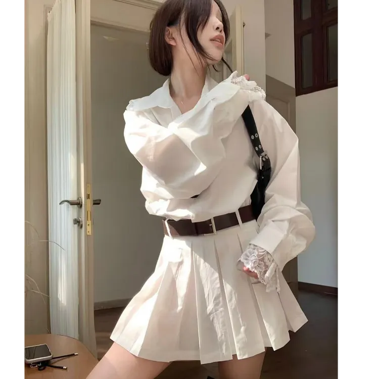 微胖女生胖mm新款Polo领蕾丝拼接衬衫百褶连衣裙收腰显瘦法式