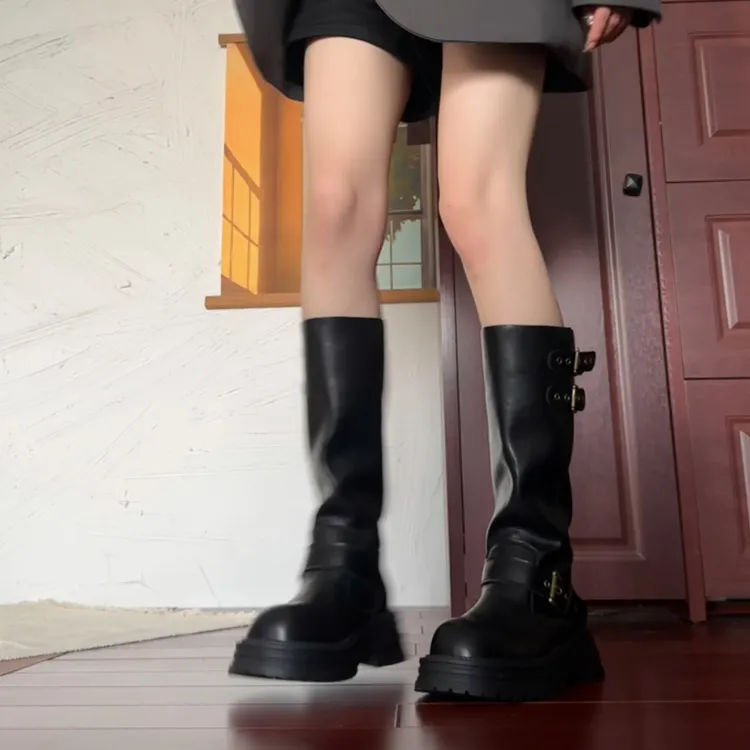 不过膝长筒靴子女款小个子秋冬女靴厚底中筒马丁靴高筒骑士瘦瘦靴