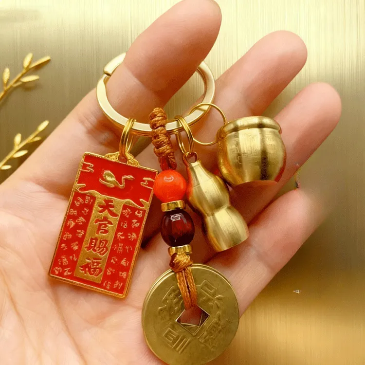 (老师推荐)天官赐福十二生肖黄铜葫芦百福缸黄绳五帝钱钥匙挂件