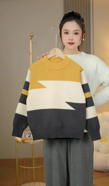 中大童2025新款韩国绒针织毛衣秋冬男童韩版洋气加厚拼色潮流款