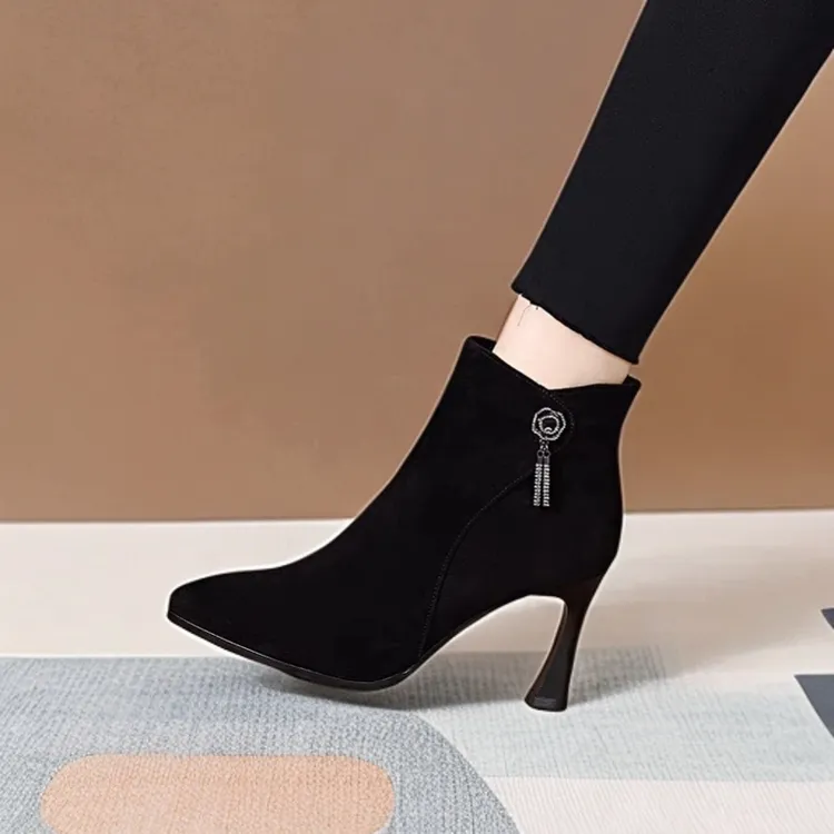 真皮冬季新款气质洋气尖头头层磨砂羊皮高跟细跟侧拉链时装短靴女