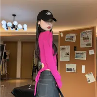 夏春茶2025新款辣妹露背长袖上衣简约镂空纯色显瘦修身圆领T恤女