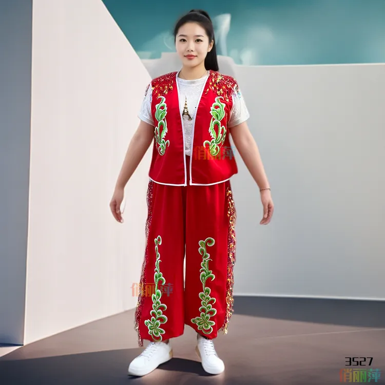 白月光镭射亮片流苏马甲套装打鼓演出广场舞扭秧歌服装东北大秧歌