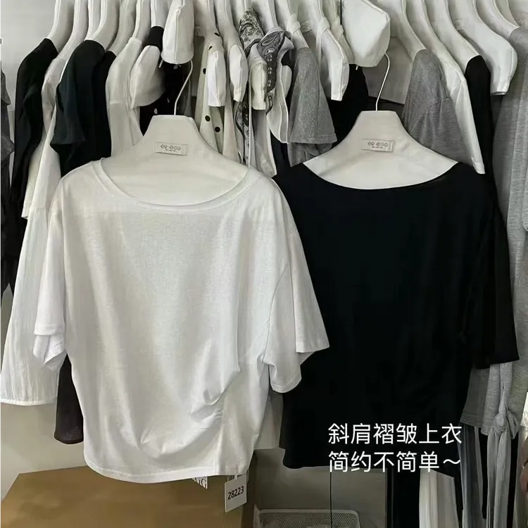 28223夏日百搭 慵懒露肩短袖T