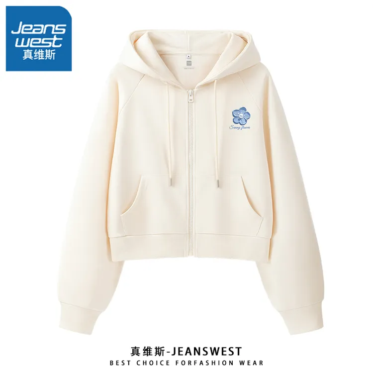 真维斯2025新款爆款设计感插肩拉链外套纯色短款连帽卫衣女款L
