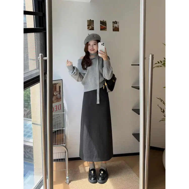 运补小个子韩版毛呢直筒裙修身显瘦遮胯气质设计感时尚百搭一步裙