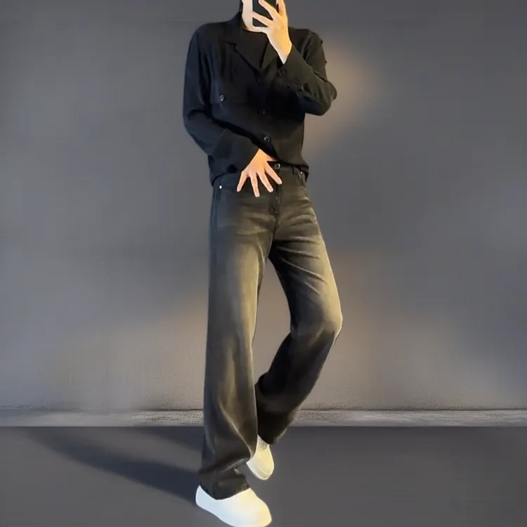 高档宽松男裤男士黑色牛仔裤秋冬新款直筒大码痞帅阔腿时尚休闲裤