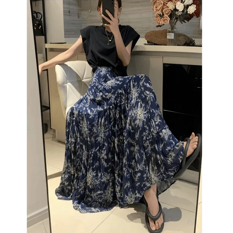 慵懒风韩系松弛感拼接大摆a字裙2025春秋显瘦藏肉中长款半身裙女