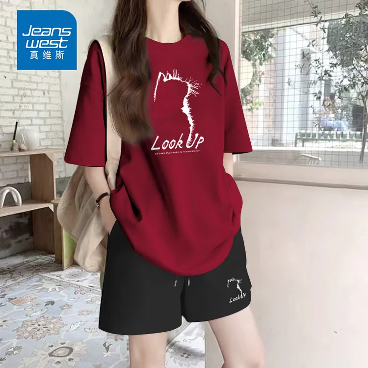 真维斯洋气衣服女安可红休闲纯棉运动套装夏季新款时尚减龄两件套