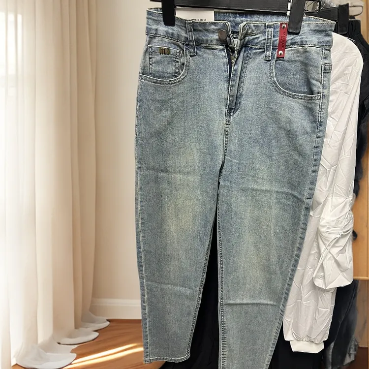 中腰高腰长裤复古麻质九分牛仔裤直筒春季女装网红（样板默认微瑕）