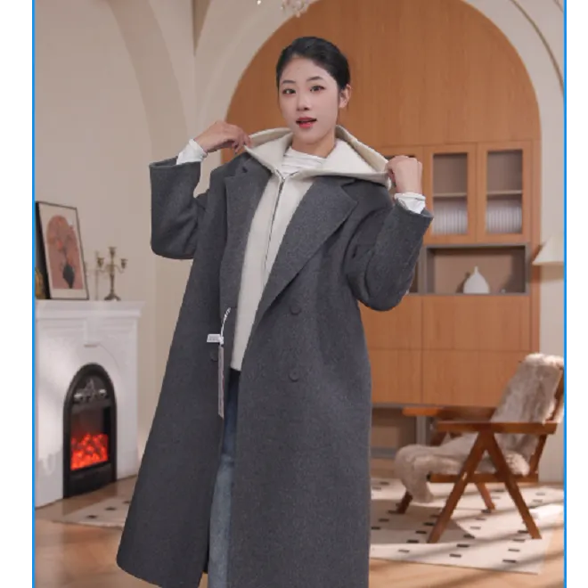艾格时尚羊毛大衣简约气质款女韩版四粒扣大衣保暖宽松秋冬2586