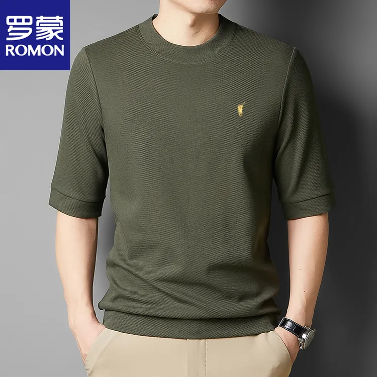 罗蒙秋季七分袖磨毛中袖男士t恤休闲圆领保暖半袖纯色打底衫春秋