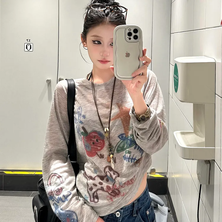 美式复古涂鸦印花长袖罩衫女夏季高级感轻薄慵懒风防晒微透上衣服