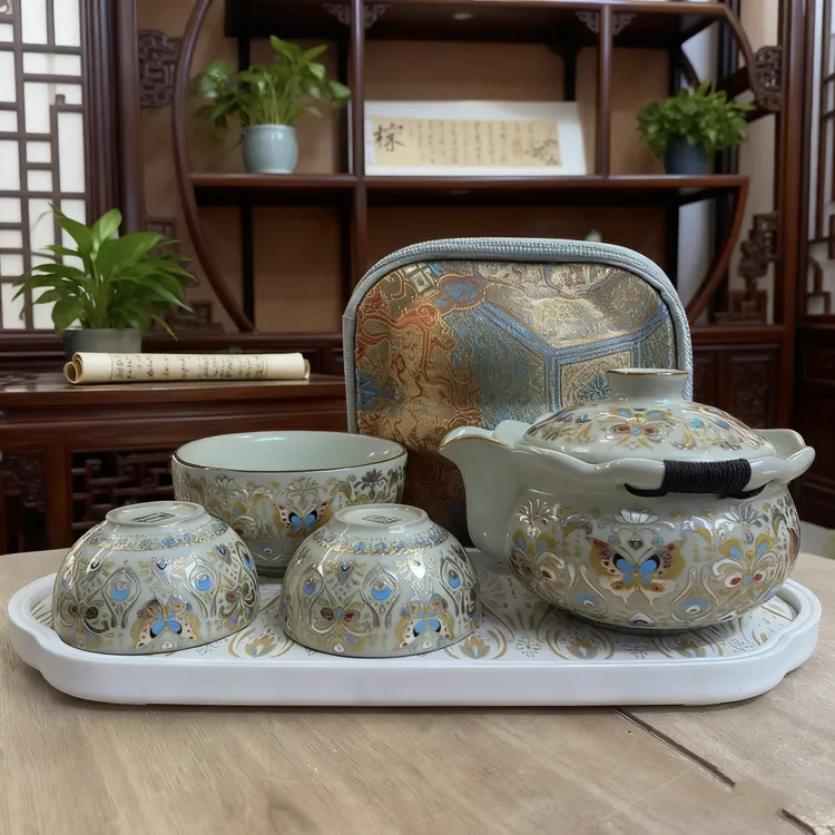 黄汝窑金蝴蝶手抓1壶3杯旅行快客+p033茶盘   6315   (B）