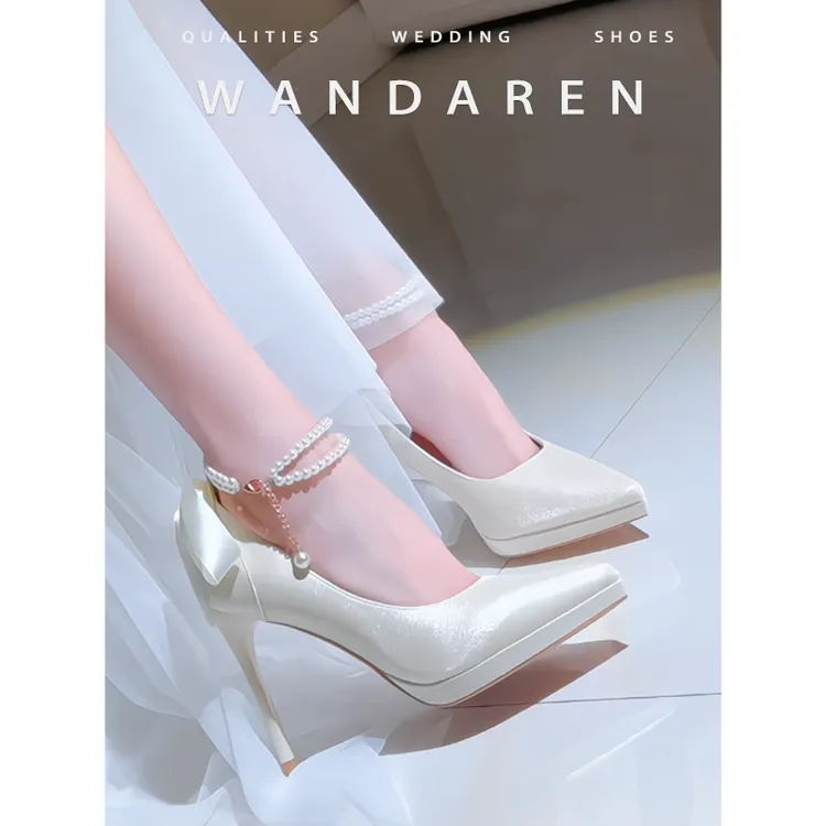 公主千金鞋子名媛风防水台细跟尖头高跟鞋女蝴蝶结宴会伴娘鞋婚鞋