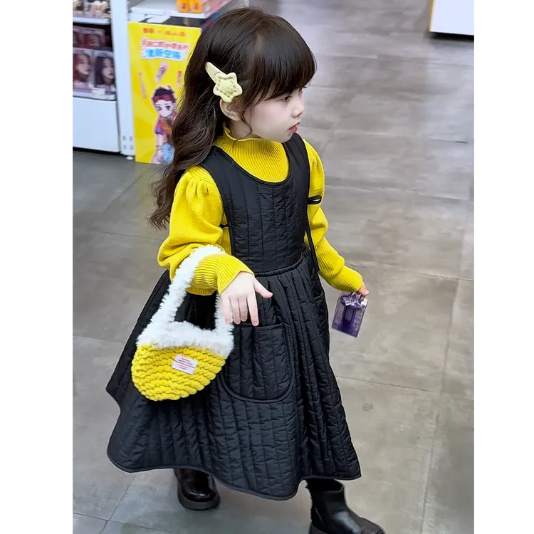 2025冬儿童套装韩版女童无袖绗棉系带裙儿童加厚纯色背心裙