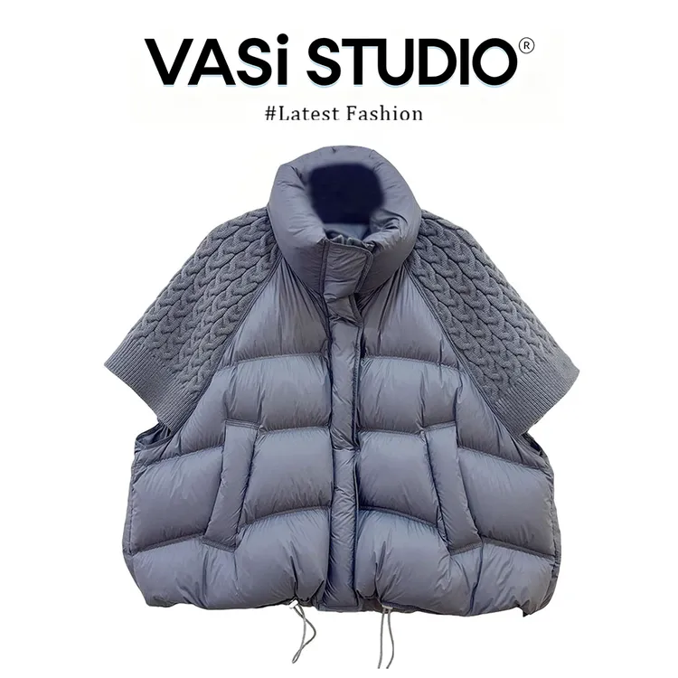 VASI灰色针织袖拼接马甲高领短款复古风抽绳收腰秋冬保暖叠穿外套
