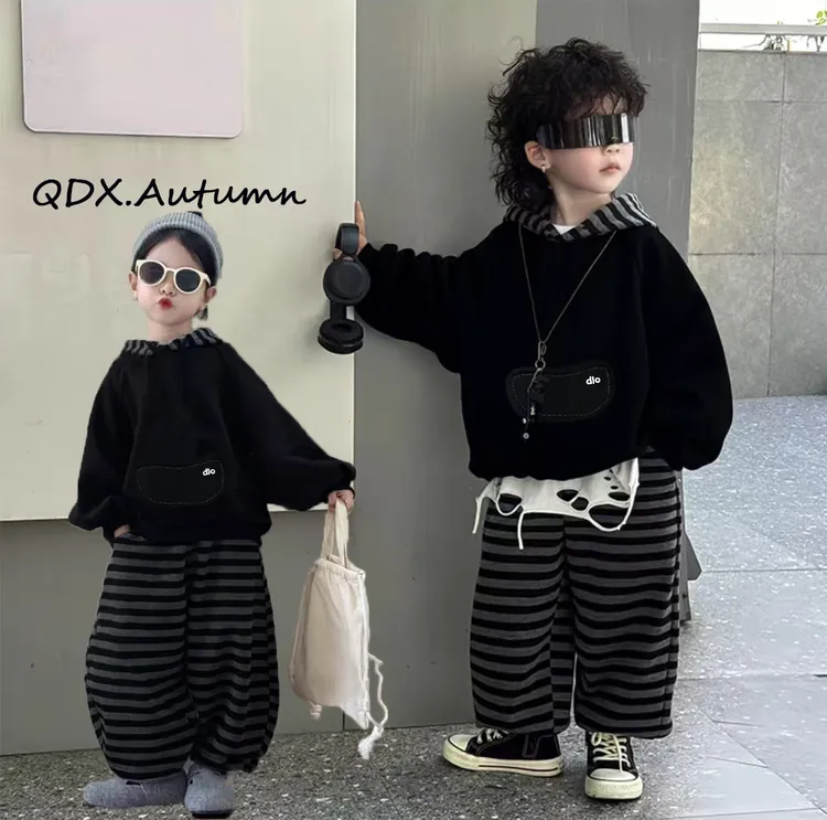 秋季男女宝同款连帽卫衣条纹长裤套装休闲宽松韩版两件套