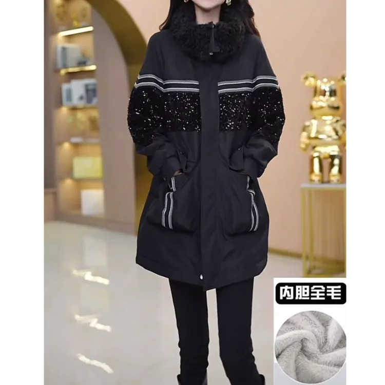 彩萱服饰冬装新款时尚加绒加厚中长款风衣外套女保暖派克服女